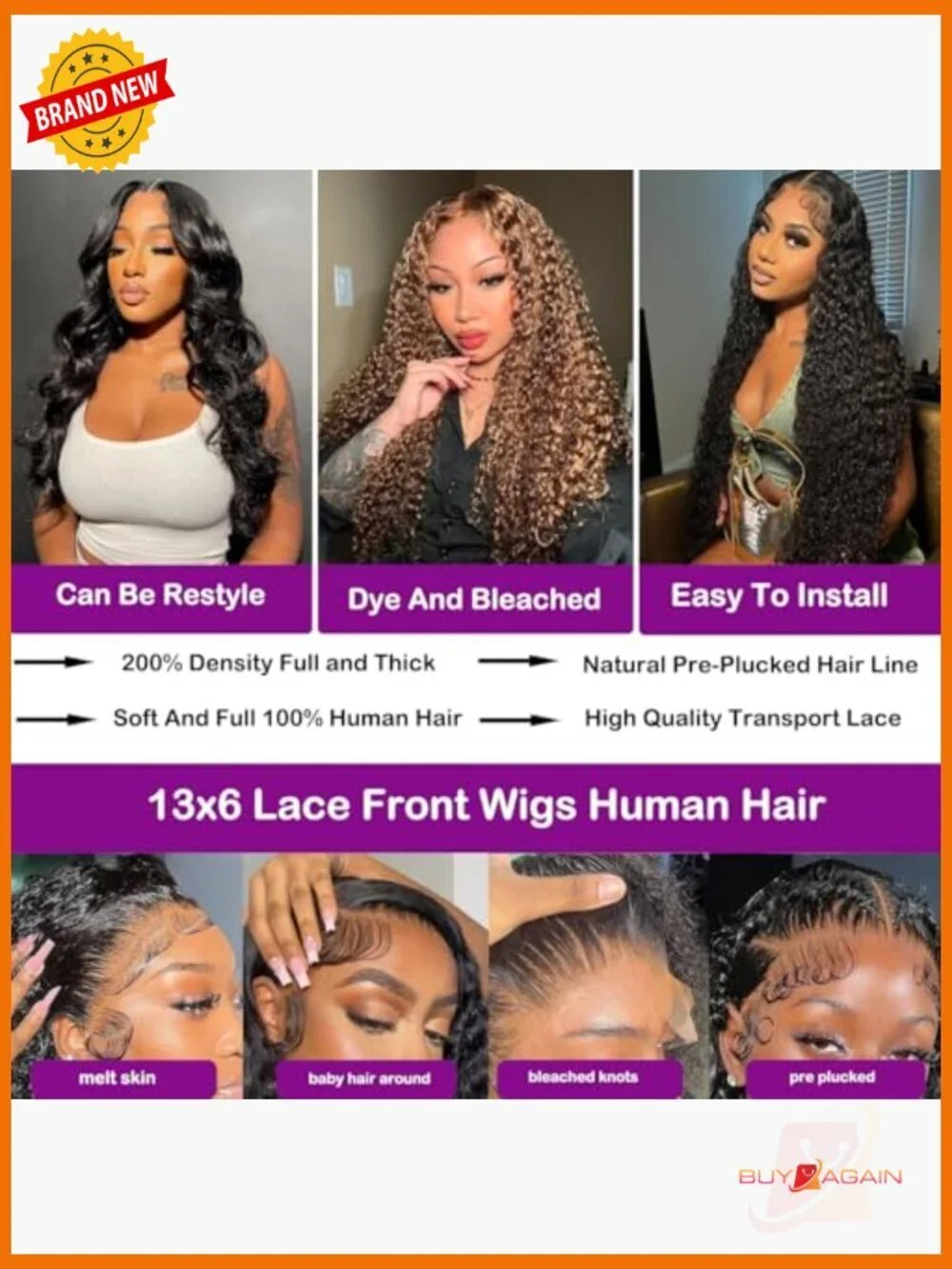 200% Density Human Hair Deep Wave Lace Front Wig 13x6 Pre Plucked